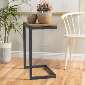 modern industrial firwood c shaped accent side table with iron frame nh780992